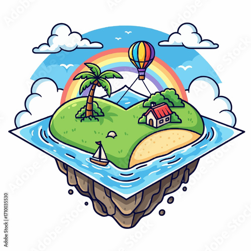 Charming cartoon illustration of a serene floating island paradise, featuring a cozy house, lush palm tree, vibrant rainbow, and playful hot air balloon journey across blue skies