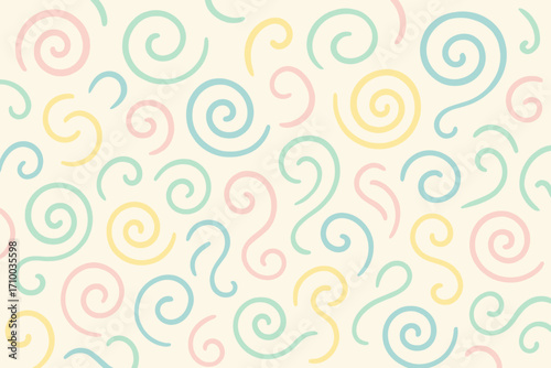 A charming pastel swirl pattern in soft pink, blue, and yellow hues, set against a light beige background. This abstract design evokes a sense of playfulness and serenity