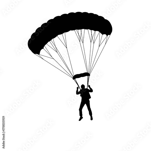 Silhouette of a skydiver descending under a large open parachute against a white background