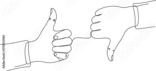 Thumbs up and thumbs down gestures symbolizing approval and disapproval with clean lines