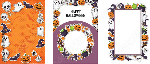 Whimsical Halloween borders and frames featuring pumpkins, ghosts, bats, and witch hats.