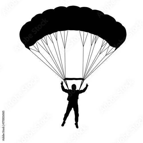 Silhouette of a skydiver descending under a large open parachute against a white background