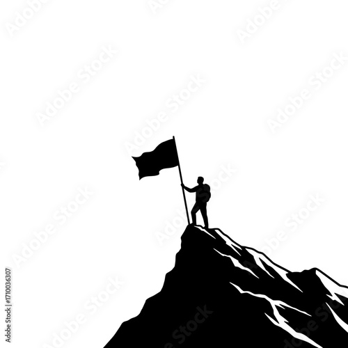 Silhouette of a determined person planting a flag on a rocky mountain peak against a bright sky