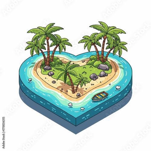 Charming isometric illustration of a heart-shaped tropical island paradise, complete with palm trees, sandy beaches, and a serene boat floating in crystal-clear waters