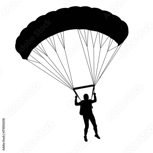 Silhouette of a skydiver with a large parachute descending against a white background