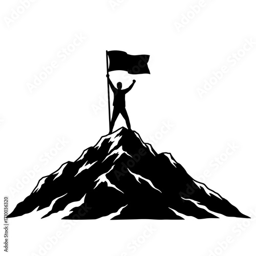 Silhouette of a triumphant person holding a flag atop a rugged mountain peak symbolizing achievement and success