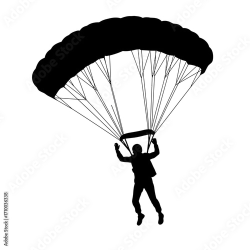 Silhouette of a skydiver descending with a black parachute against a white background