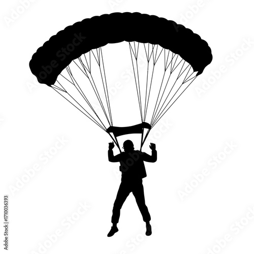 Silhouette of a skydiver in midair with a large open parachute against a white background