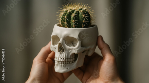 human skull shaped ceramic planter with cactus plant held in hands showing creative home decoration concept with unique dark aesthetic and natural green design