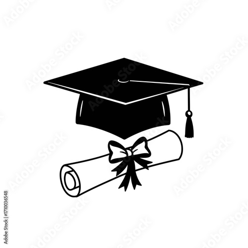 Black graduation cap and diploma scroll tied with ribbon celebrating academic achievement and education success