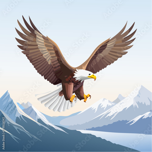 3D Adler, fliegend über Berglandschaft, ausgebreitete Flügel, fotorealistisch, kraftvoll