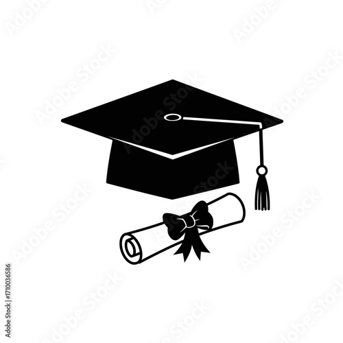 Graduation cap and diploma scroll with ribbon symbolizing academic achievement and educational success