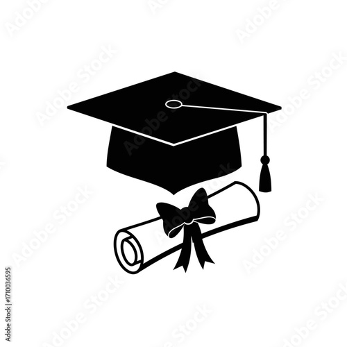 Graduation cap and diploma scroll tied with a ribbon symbolizing academic achievement and educational success