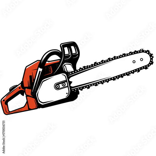 Illustration of a powerful red and white gasoline powered chainsaw with a sharp chain and handle