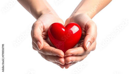 A serene composition featuring a gentle heart cradled by caring hands on transparent expanse isolated on solid white background Png
