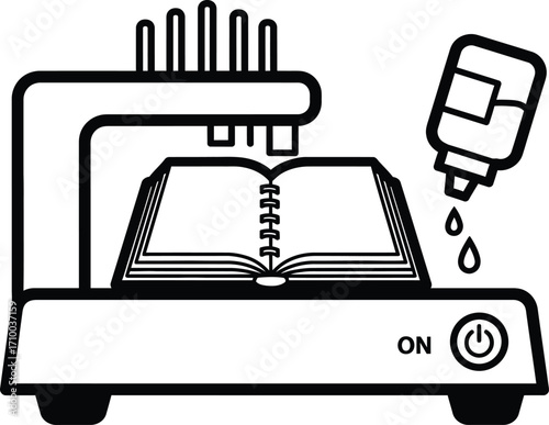 Book binding machine applying glue to open pages for professional book creation.