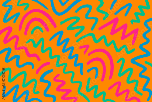 A bold and dynamic pattern featuring colorful zigzag lines and arches in vibrant pink, blue, and green, set against a bright orange background