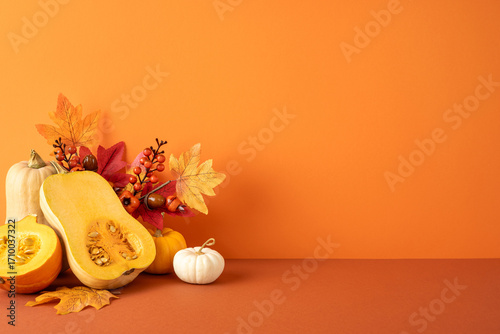 Photography Side view of pumpkins arranged with autumn leaves on an orange background, repre