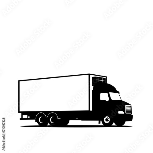 Black and white illustration of a large delivery truck with a blank white cargo box on a white background