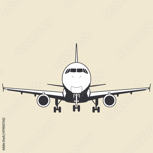 Front view of a modern commercial passenger jet airplane with landing gear down against a light beige background