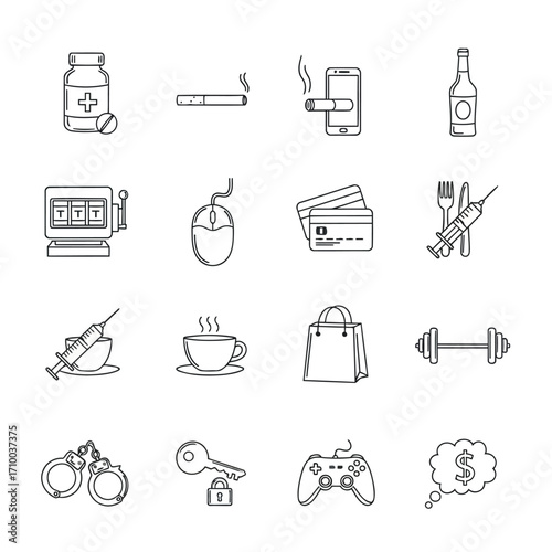 Collection of various addictive and harmful behaviors and activities depicted in simple line art icons.