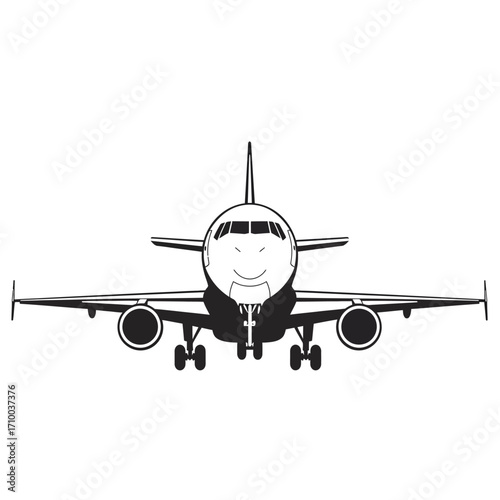 Front view illustration of a commercial passenger airplane with landing gear deployed against a white background
