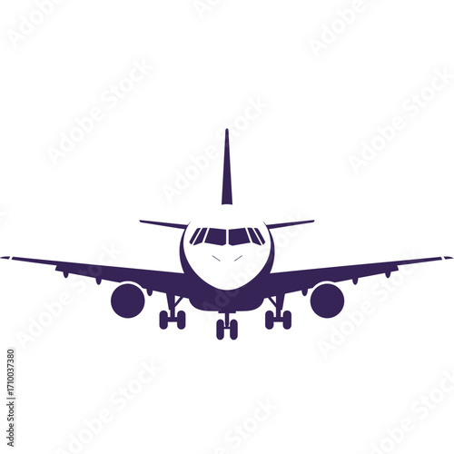 Front view of a modern commercial airplane with landing gear down ready for takeoff or landing
