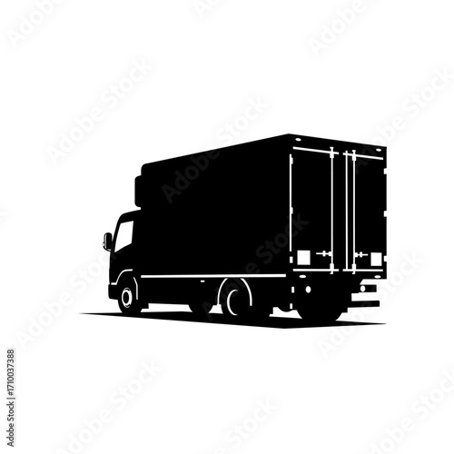 Silhouette of a large delivery truck with a cargo box on a white background