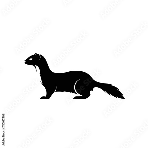Silhouette of a black weasel standing on a white background in a profile view