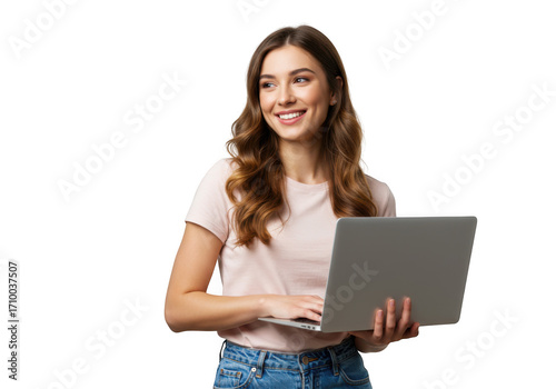 Young woman smiling holding a laptop computer and wearing glasses with a pink t-shirt transparent background