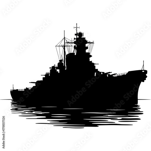 Silhouette of a powerful warship with detailed superstructure reflected on rippling water surface