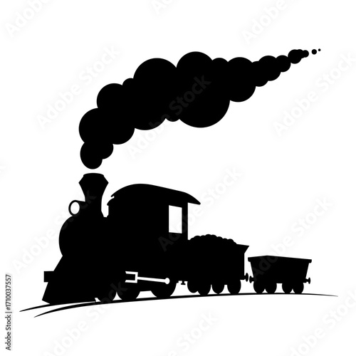 Silhouette of a vintage steam locomotive train with billowing smoke against a white background