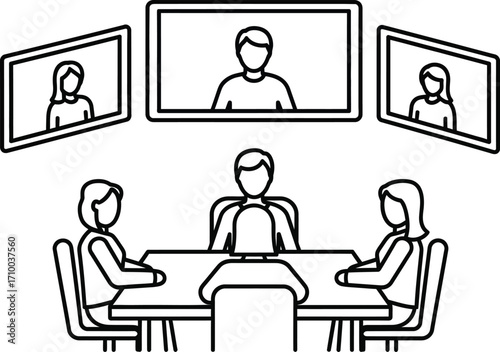 Diverse team collaborating in a modern meeting room with remote participants on screen.