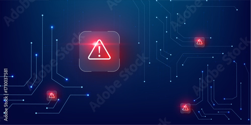Scam Protection Digital Concept with Red Danger Alert on Blue Abstract Technology Design