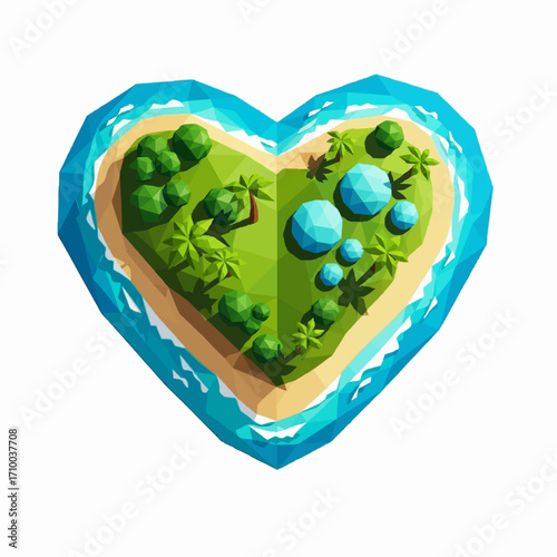 Heart-shaped low-poly island paradise, a serene oasis with lush trees and sandy beaches surrounded by sparkling blue waters, symbolizing love, romance, and an idyllic escape