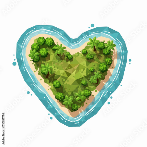 Illustration of a beautiful heart-shaped tropical island, with lush green trees, sandy beaches, and clear blue water, symbolizing love, romance, and a serene, idyllic paradise