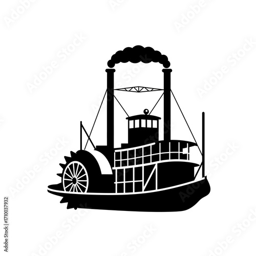 Silhouette of a classic paddlewheel steamboat with smoke billowing from its smokestacks on a white background