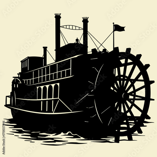 Silhouette of a classic paddlewheel steamboat sailing on water with a flag flying