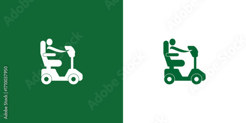Illustration of a person riding a mobility scooter on green and white backgrounds.