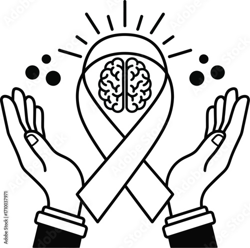 Hands gently supporting a brain awareness ribbon, symbolizing hope and care for neurological health.