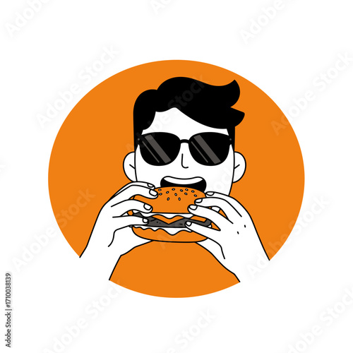 Cool man wearing sunglasses enjoying a delicious burger with both hands in a vibrant orange circle