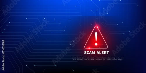 Red Fraud Scam Warning Symbol on Digital Blue Circuit Tech Background