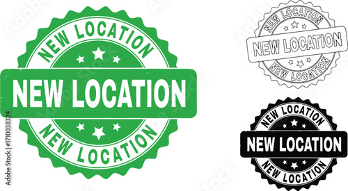 Bold green stamp announcing a new location, with alternative black and white versions