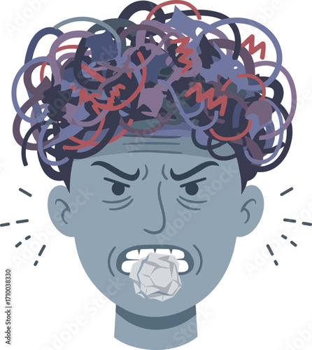 Flat Illustration Angry Man with Crumpled Paper Ball in Mouth Expression