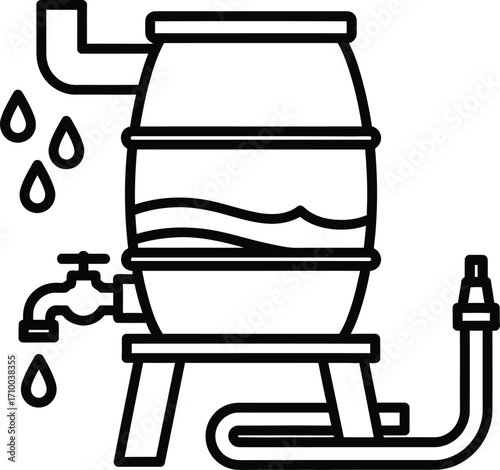 Illustration of a water barrel collecting rainwater for sustainable use.