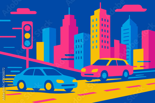 A vibrant, dynamic city scene with bold, flat colors featuring skyscrapers, a traffic light, and two cars in shades of pink, blue, yellow, and purple