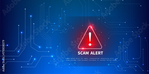 Red Fraud Scam Warning Symbol on Digital Blue Circuit Tech Background