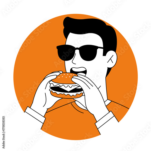 Man wearing sunglasses enjoying a delicious burger with both hands in a circular orange background