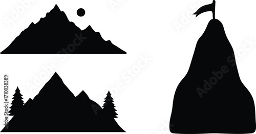 Minimalist mountain range and solitary peak silhouette design with flag