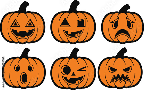 Six cute and spooky cartoon pumpkins with various funny and scary faces for Halloween.